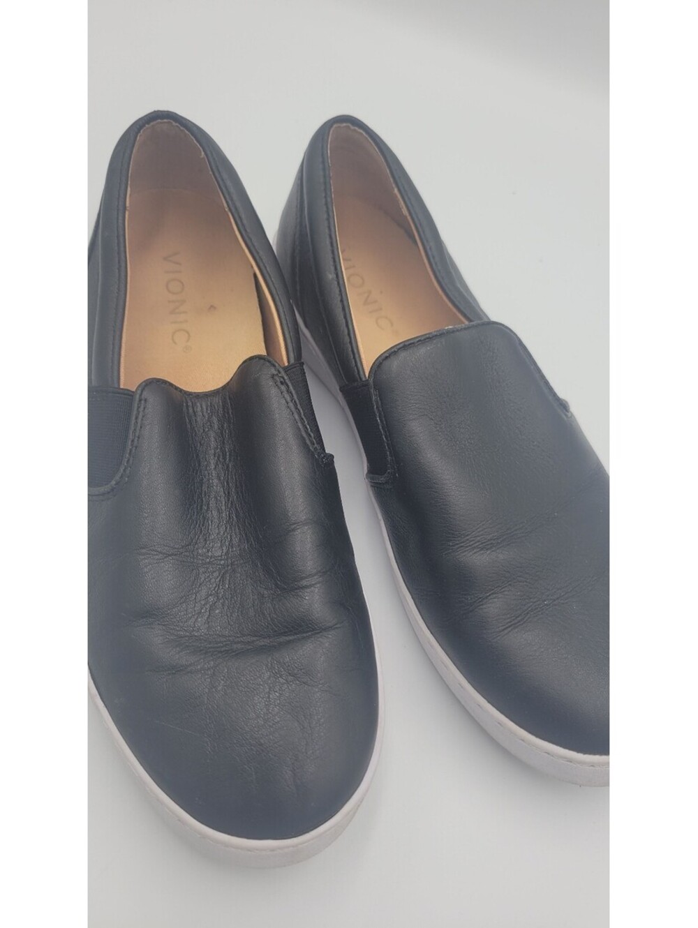 Vionic Black Leather Slip-On Shoes with White Rubber Soles, Size Not Specified - Picture 2 of 8